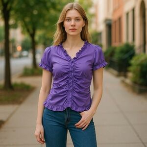 ANTONIO MELANI Purple Ruched Puff Sleeve Blouse